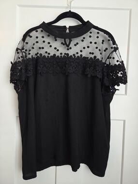 0062.  Black Lace Yoke Polka Dot Top - Women